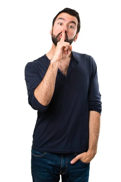 Homem Bonito Com Barba Fazendo Gesto Silêncio — Fotografia de Stock