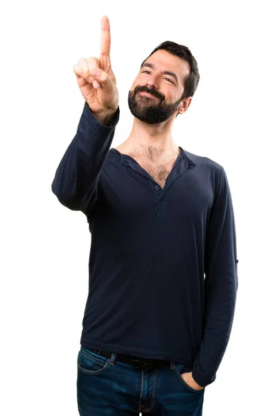 Hombre Guapo Con Barba Tocando Pantalla Transparente —  Fotos de Stock