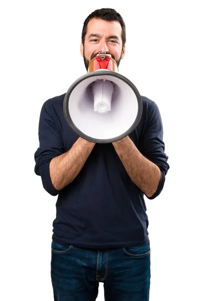 Hombre Guapo Con Barba Sosteniendo Megáfono — Foto de Stock