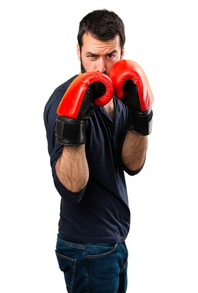 Handsome Man Beard Boxing Gloves — Stock Photo, Image