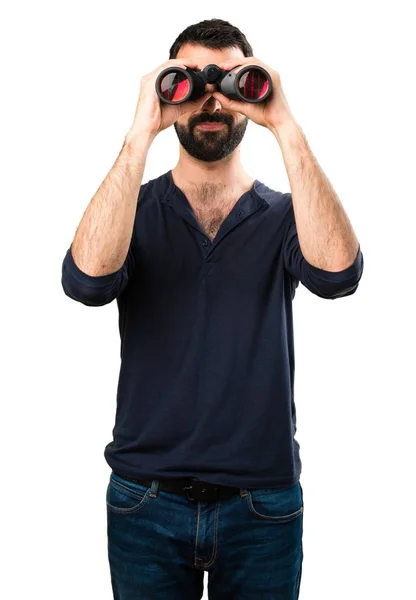 Hombre Guapo Con Barba Con Prismáticos — Foto de Stock