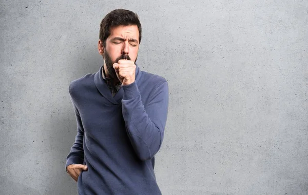 Handsome Brunette Man Beard Coughing Lot Textured Background — Stock Photo, Image