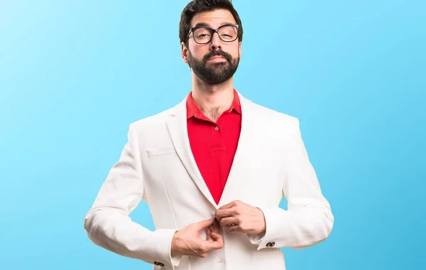 Happy Brunette Man Glasses Colorful Background — Stock Photo, Image