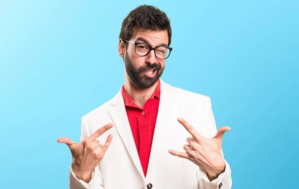 Brunette Man Glasses Making Rock Gesture Colorful Background — Stock Photo, Image