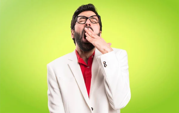 Morena Homem Com Óculos Bocejando Fundo Colorido — Fotografia de Stock