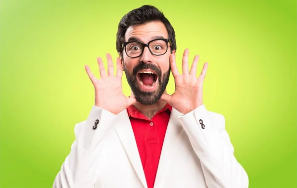 Brunette Man Glasses Making Surprise Gesture Colorful Background — Stock Photo, Image