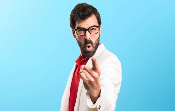 Brunette Man Glasses Shouting Colorful Background — Stock Photo, Image