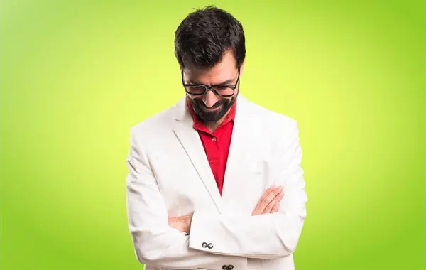 Brunette Man Glasses Looking Colorful Background — Stock Photo, Image