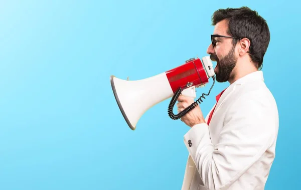 Brunette Man Met Bril Met Een Megafoon Kleurrijke Achtergrond — Stockfoto