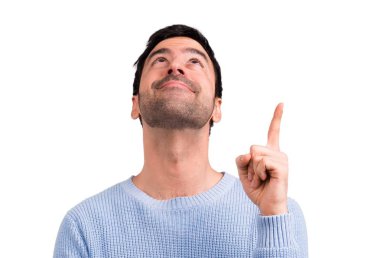 Yakışıklı adam harika bir fikir işaret parmağı ile işaret