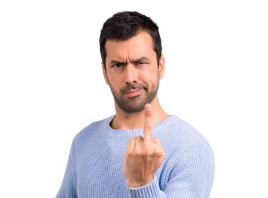 Adam mavi kazaklı boynuz jest yapma. Negatif ifade