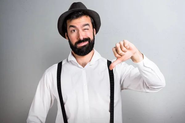 Hipster Man Beard Making Bad Signal Grey Background — Stock Photo, Image