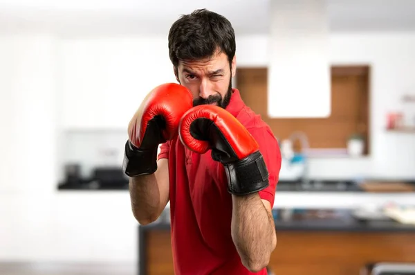 Handsome Man Boxing Gloves House — Stock Photo, Image