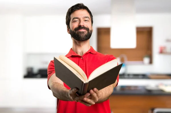 Happy Handsome Man Reading Book House — Stock Photo, Image