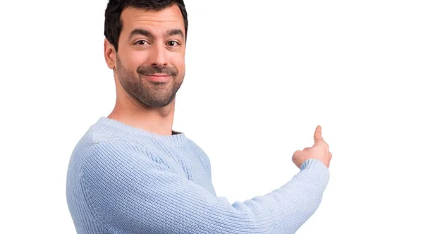 Handsome Man Pointing Back Index Finger — Stock Photo, Image