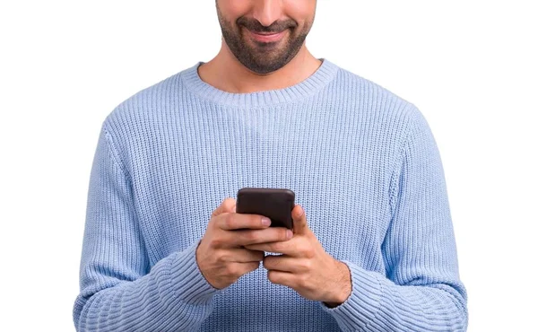 Man Blue Sweater Using Mobile Phone — Stock Photo, Image