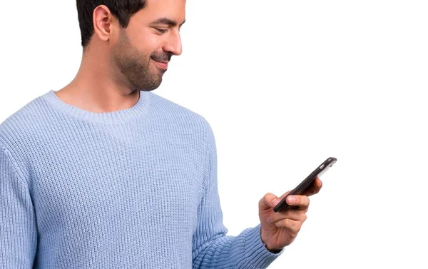 Mann Mit Blauem Pullover Benutzte Handy — Stockfoto