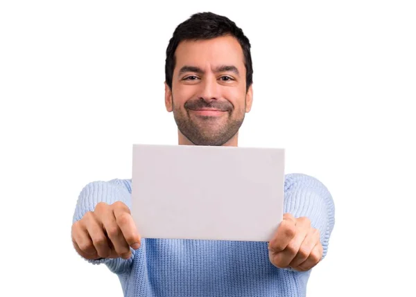 Homem Com Camisola Azul Segurando Cartaz Branco Vazio Para Inserir — Fotografia de Stock