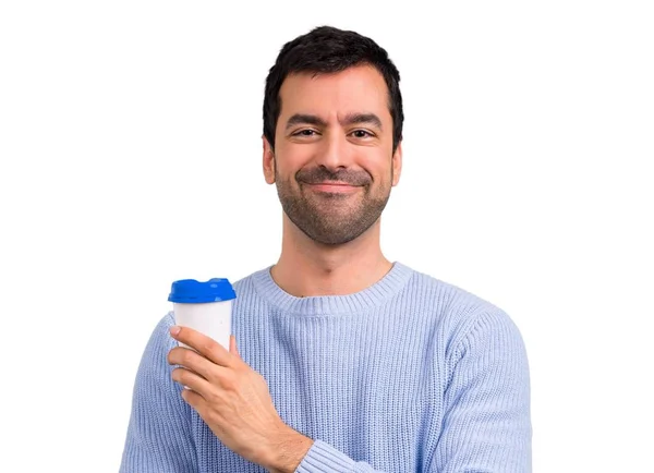 Mann Mit Blauem Pullover Hält Heißen Kaffee Papierbecher Zum Mitnehmen — Stockfoto