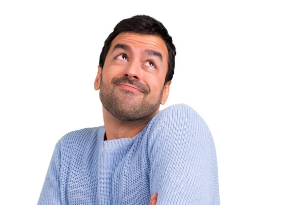 Homem Com Camisola Azul Fazendo Gesto Sem Importância Dúvidas — Fotografia de Stock