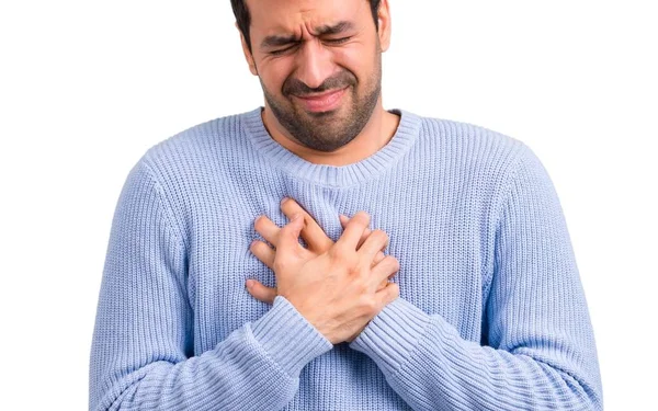 Hombre Con Suéter Azul Tiene Dolor Corazón Infarto —  Fotos de Stock