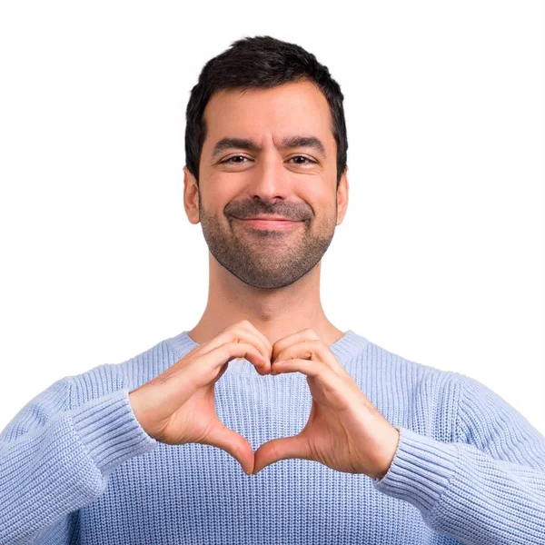 Homem Com Suéter Azul Fazendo Símbolo Coração Por Mãos Estar — Fotografia de Stock