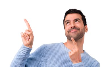 Yakışıklı adam harika bir fikir işaret parmağı ile işaret