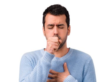 Yakışıklı adam öksürük ile acı ve kötü hissediyor