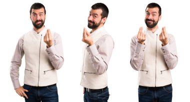 Yakışıklı adam para jest yapma yelek ile ayarla