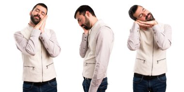 Yakışıklı biri uyku jest yapma yelek ile ayarla