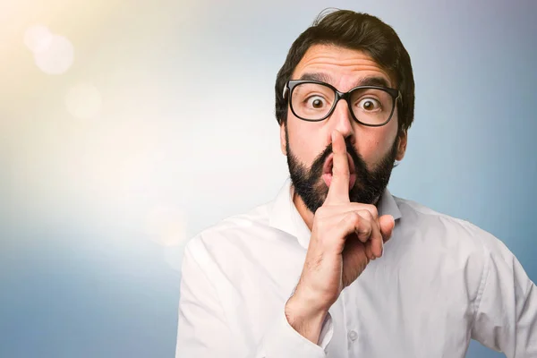 Handsome Man Glasses Making Silence Gesture Blue Background — Stock Photo, Image