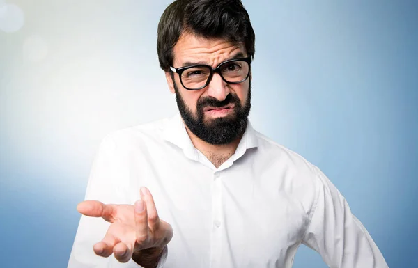 Tired Handsome Man Glasses Blue Background — Stock Photo, Image