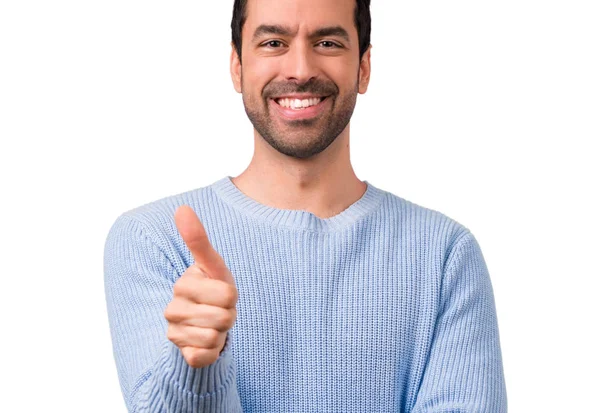 Hombre Guapo Dando Gesto Hacia Arriba Pulgares Sonriendo —  Fotos de Stock