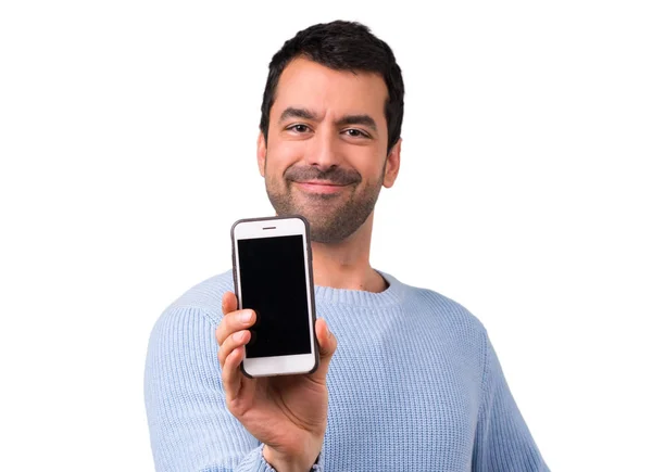 Hombre Con Suéter Azul Usando Teléfono Móvil —  Fotos de Stock