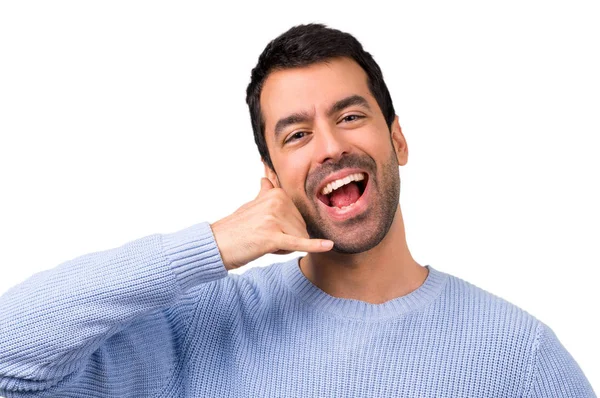 Man Blue Sweater Making Phone Gesture Speaking Someone Call Back — Stock Photo, Image