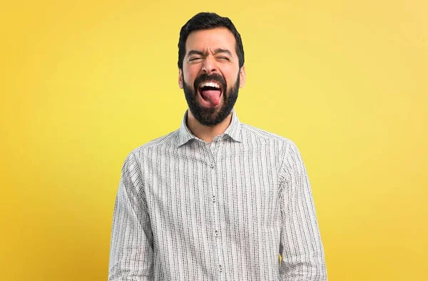 Handsome Man Beard Showing Tongue Camera Having Funny Look — Stock Photo, Image