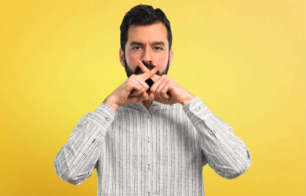 Handsome Man Beard Showing Sign Closing Mouth Silence Gesture — Stock Photo, Image