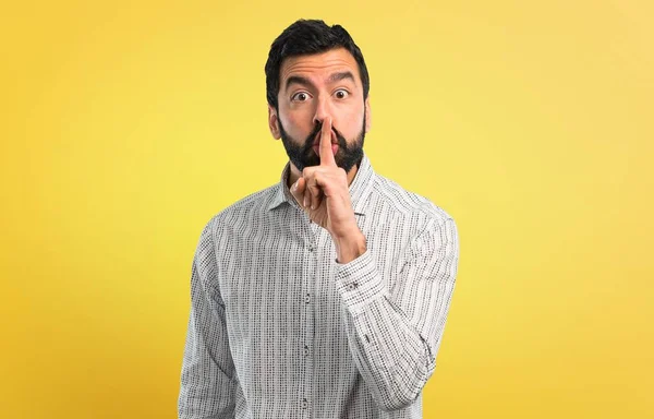 Hombre Guapo Con Barba Mostrando Signo Cerrar Boca Gesto Silencio — Foto de Stock