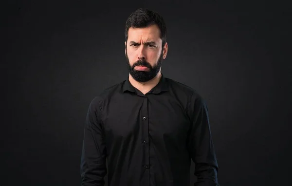 Sad Handsome Man Beard Black Background — Stock Photo, Image