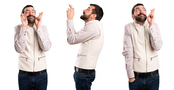 Conjunto Homem Bonito Com Colete Com Dedos Cruzando — Fotografia de Stock