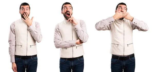 Conjunto Homem Bonito Com Colete Fazendo Gesto Surpresa — Fotografia de Stock