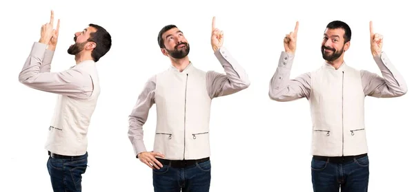 Set Handsome Man Vest Pointing — Stock Photo, Image