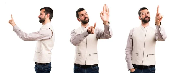 Conjunto Homem Bonito Com Colete Tocando Tela Transparente — Fotografia de Stock