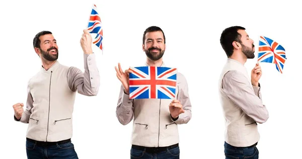 Zestaw Przystojny Mężczyzna Kamizelka Trzymając Flagę Wielka Brytania — Zdjęcie stockowe