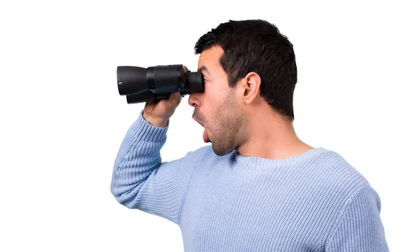 Man Blue Sweater Black Binoculars Royalty Free Stock Photos