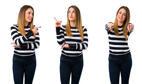 Set Blonde Youn Girl Pointing Index Finger Great Idea — Stock Photo, Image