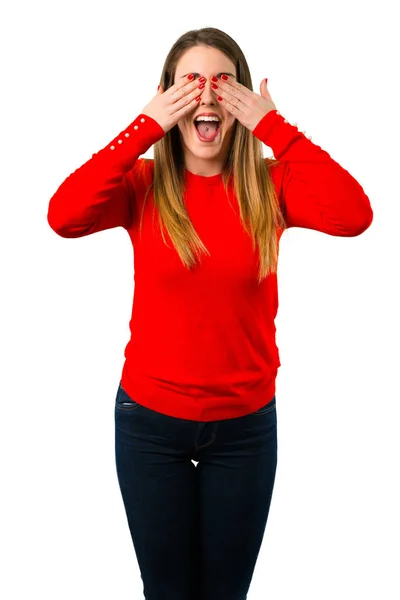 Young Blonde Woman Covering Eyes Hands — Stock Photo, Image