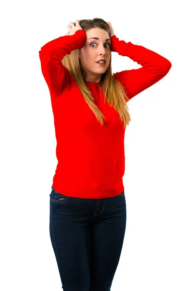 Ung Blond Kvinna Missnöjd Och Frustrerad Över Något Negativa Ansiktsuttryck — Stockfoto