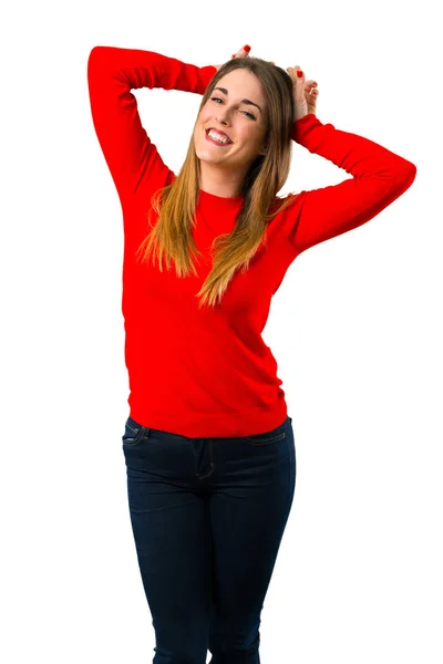 Young Blonde Woman Makes Funny Crazy Face Emotion — Stock Photo, Image