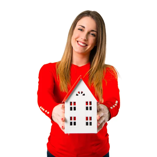 Happy Young Blonde Woman Holding Little House — Stock Photo, Image